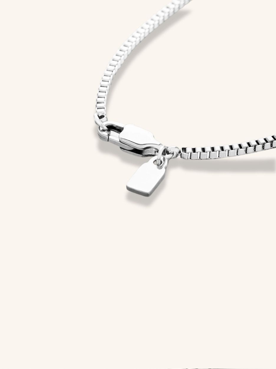 Close-up of 2mm box links on MNML Minimalist Box Chain Necklace — square link titanium detail