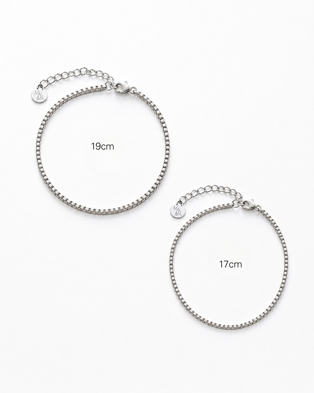 MNML Minimalist Macro Box Chain Bracelet 17cm vs 19cm comparison — two size options 316L steel