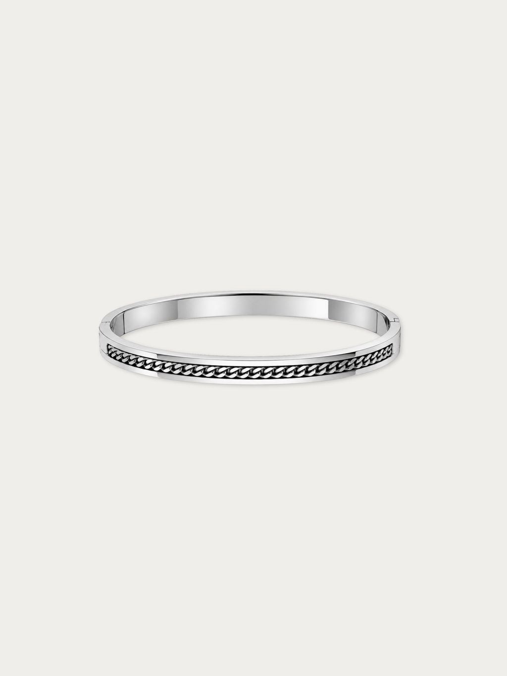 Mono Chain Bangle in polished steel, with a curb chain set into a channel along its face, front view