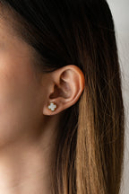 MNML Mother of Pearl Mini Clover Stud Earrings in ear stack styling — clover stud ear curation Malaysia