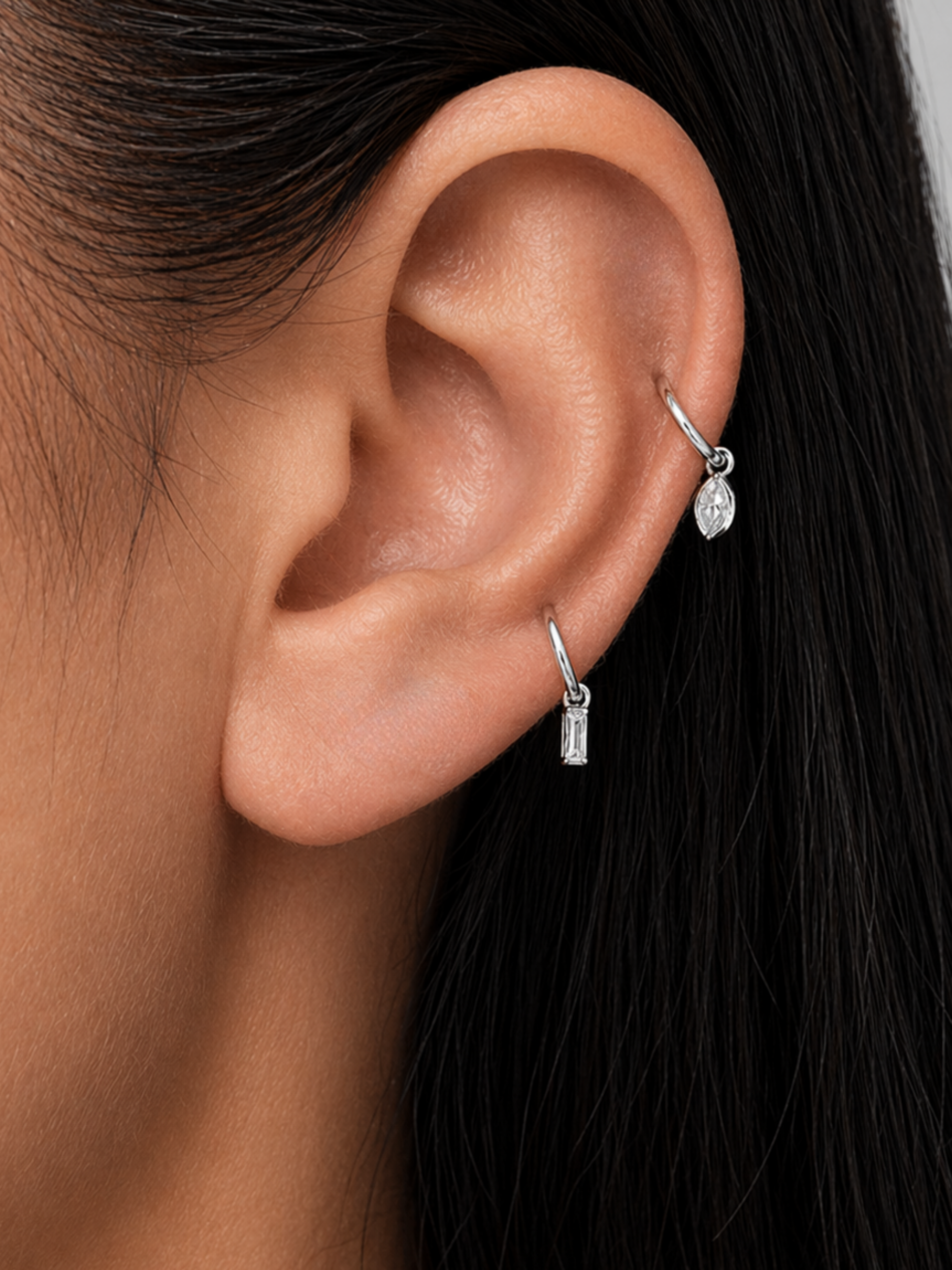 Baguette drop close-up on MNML Noa Baguette Drop Single Hoop — 2×5mm 5A CZ baguette pendant