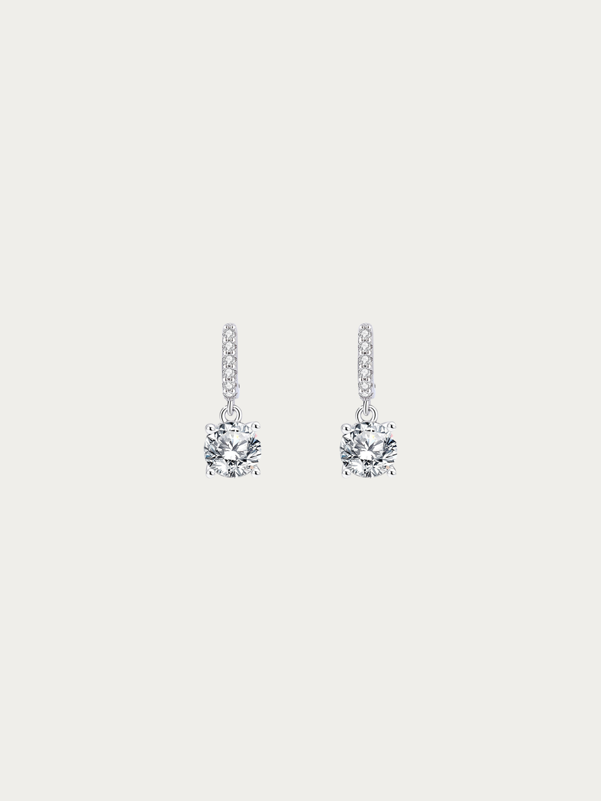 Nora Grace round drop earrings with a 5A CZ hanging below a pavé bar in rhodium-plated 925 silver, front view