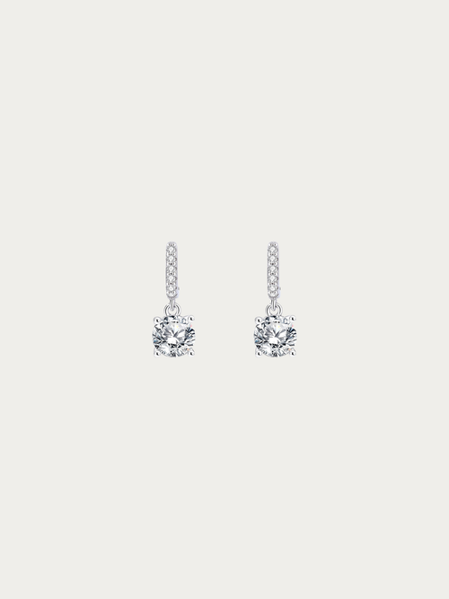 Nora Grace round drop earrings with a 5A CZ hanging below a pavé bar in rhodium-plated 925 silver, front view