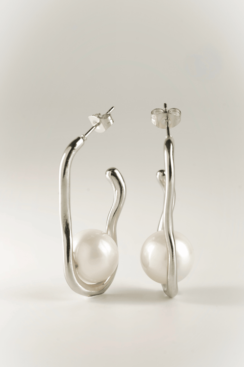 MNML Nova Sculpt Pearl Earrings in silver stainless steel — silver sculptural pearl earrings Malaysia