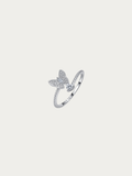 Odette ring with a moissanite butterfly cluster and round moissanite solitaire on an open adjustable band, front view