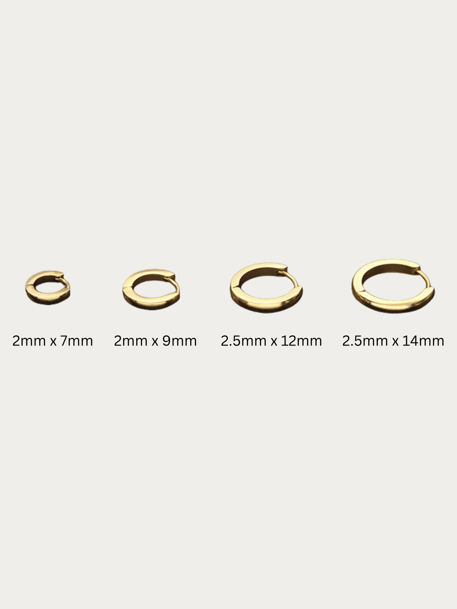 MNML Oliva Huggie Hoops in all four sizes: 7mm, 9mm, 12mm, 14mm — size comparison guide