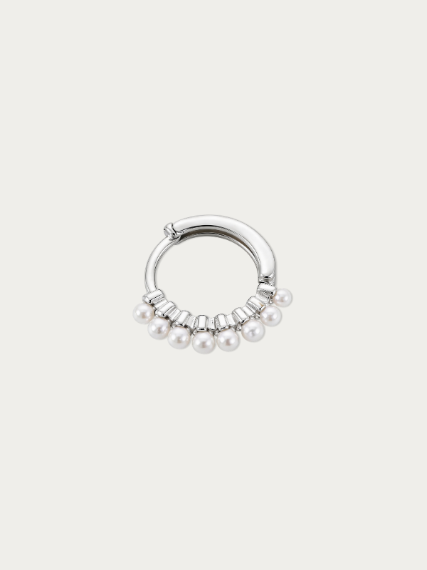 MNML Pearla Fringe Single Huggie in 925 silver rhodium with pearls — front view, pearl huggie earring Malaysia