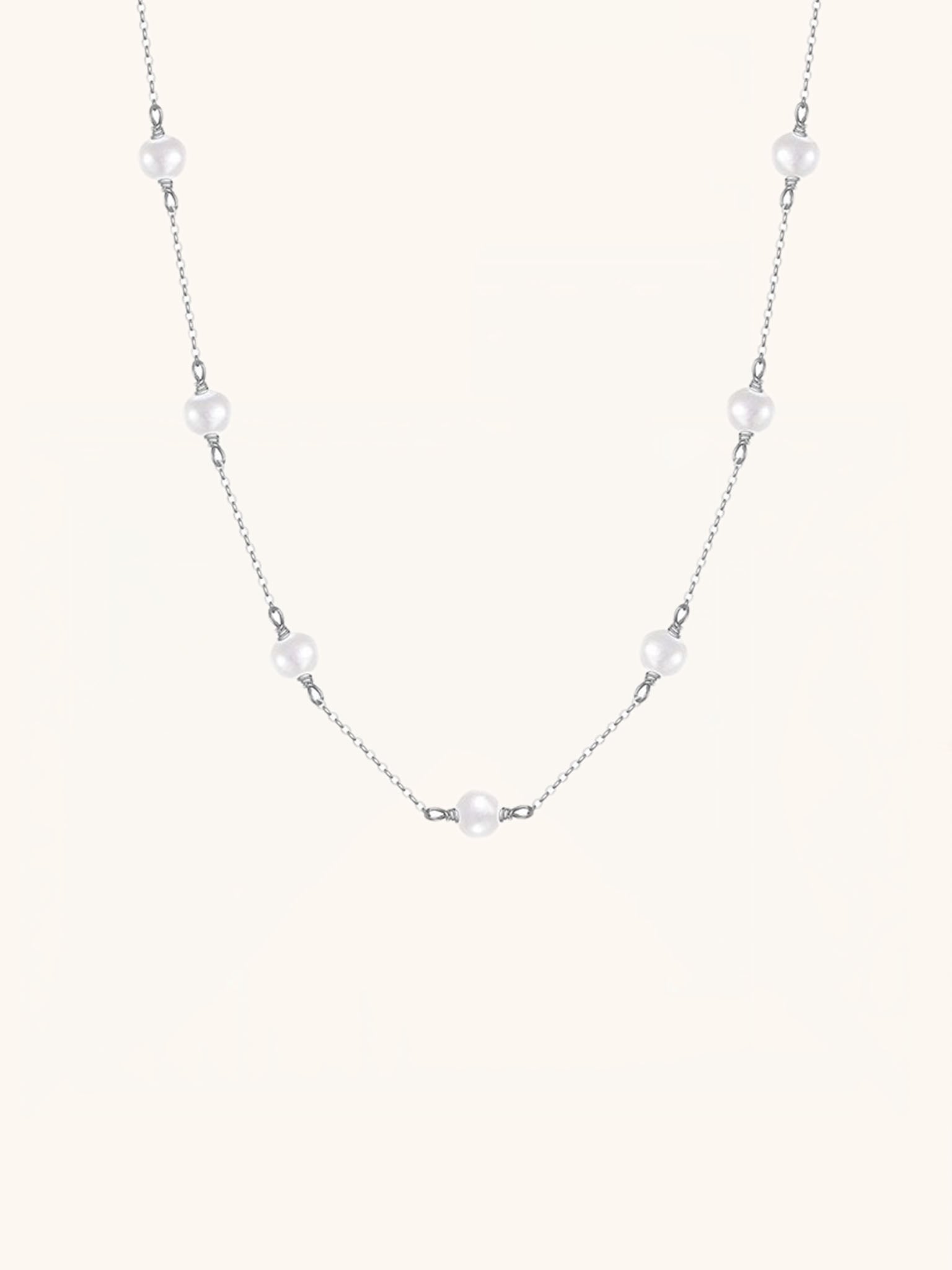 PEARLY Cable Chain Sterling Silver Necklace worn, showing pearl stations 