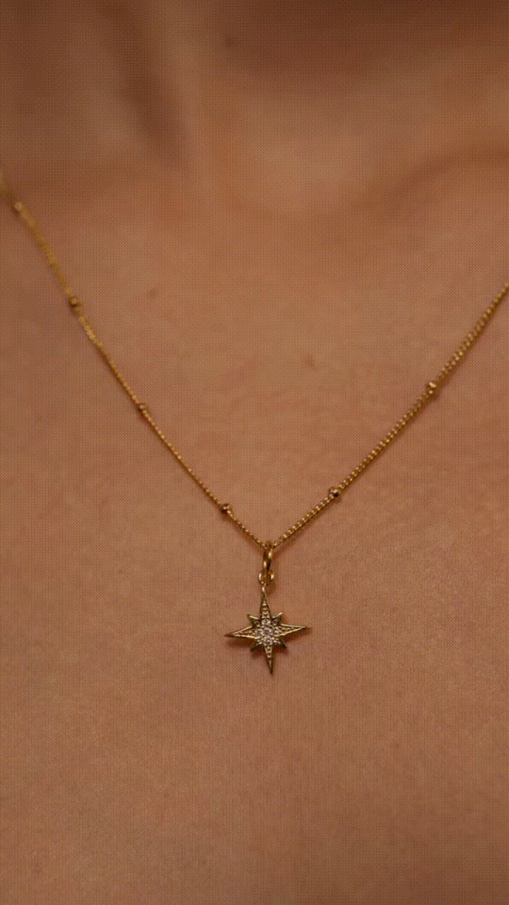 Close-up of fully pavé CZ North Star pendant on MNML Penelope Necklace — brilliant star detail