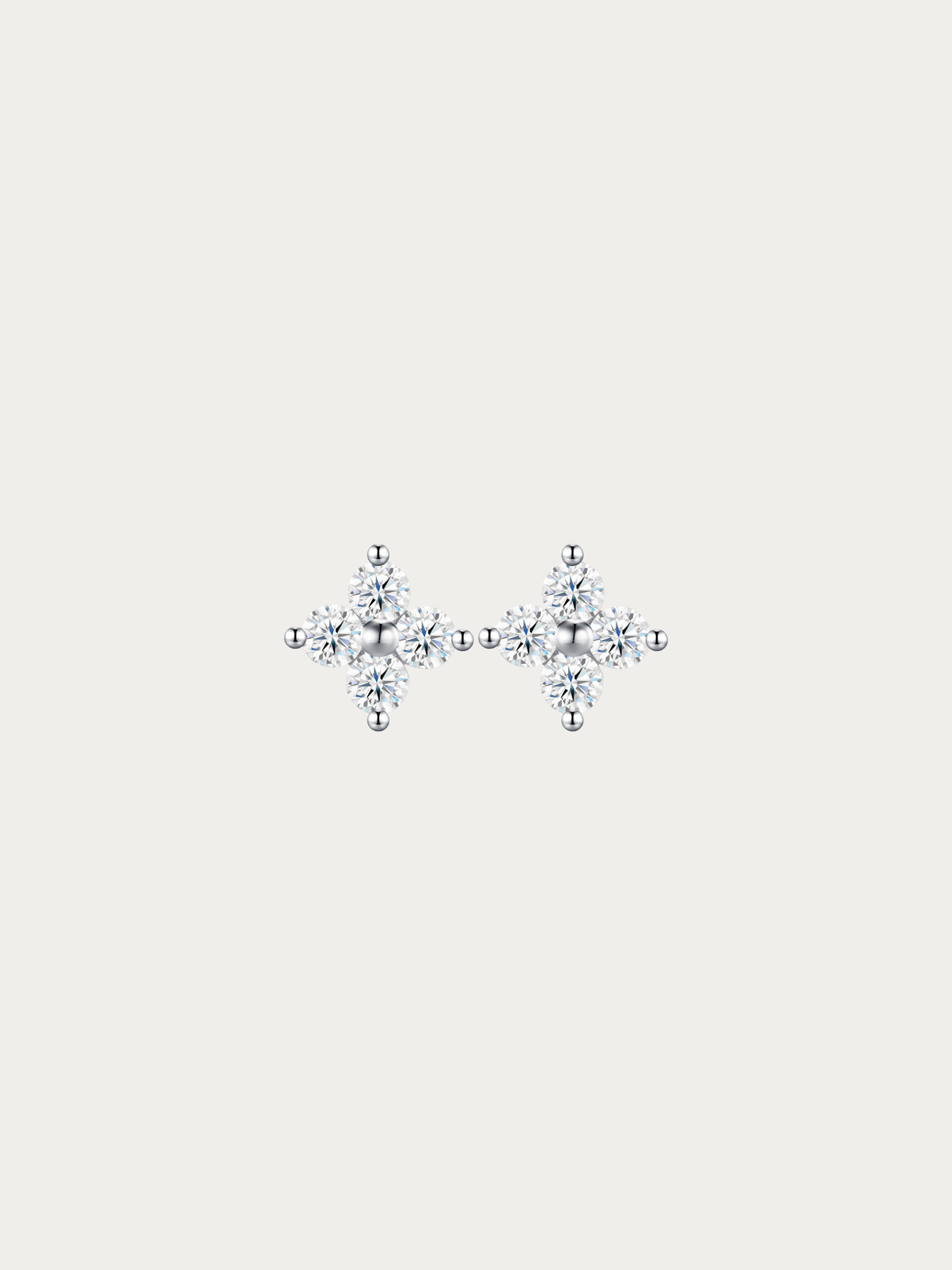Piper Bloom clover studs, each made of four round moissanite stones in 925 sterling silver, front view