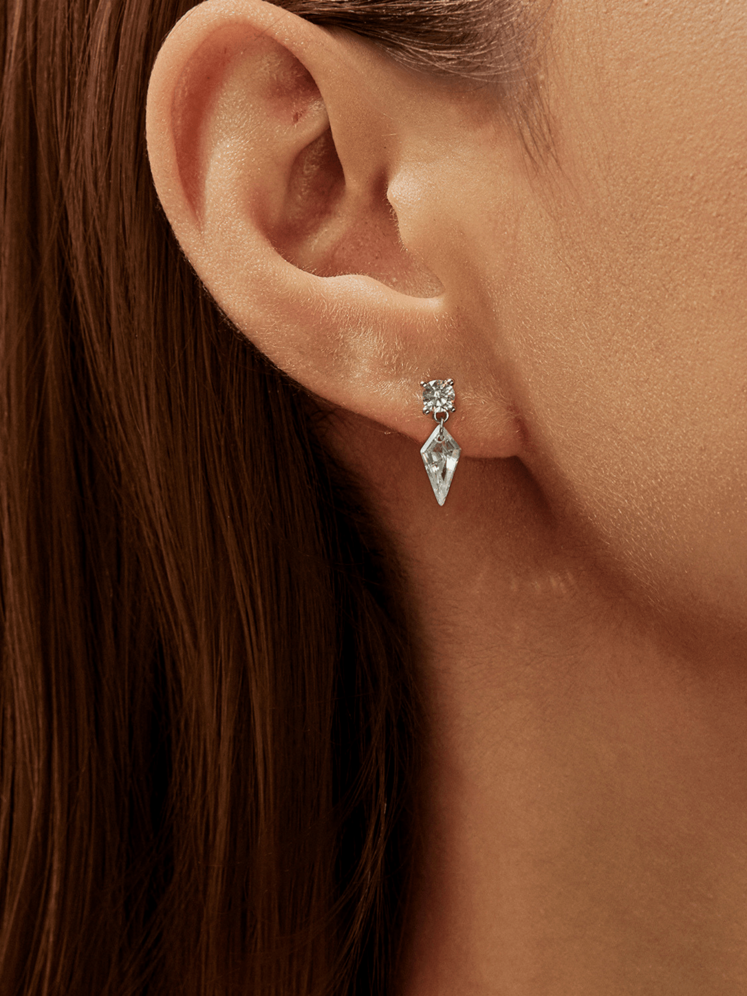 Model wearing MNML Prism Radiance Drop Earrings — contemporary drop earrings everyday Malaysia