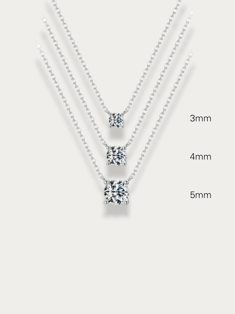 MNML Ray Solitaire Diamond Necklace in 3mm 4mm and 5mm flat lay — three size CZ solitaire