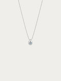 Reverie necklace with a round moissanite bezel-set in a teardrop on a 925 sterling silver box chain, front view