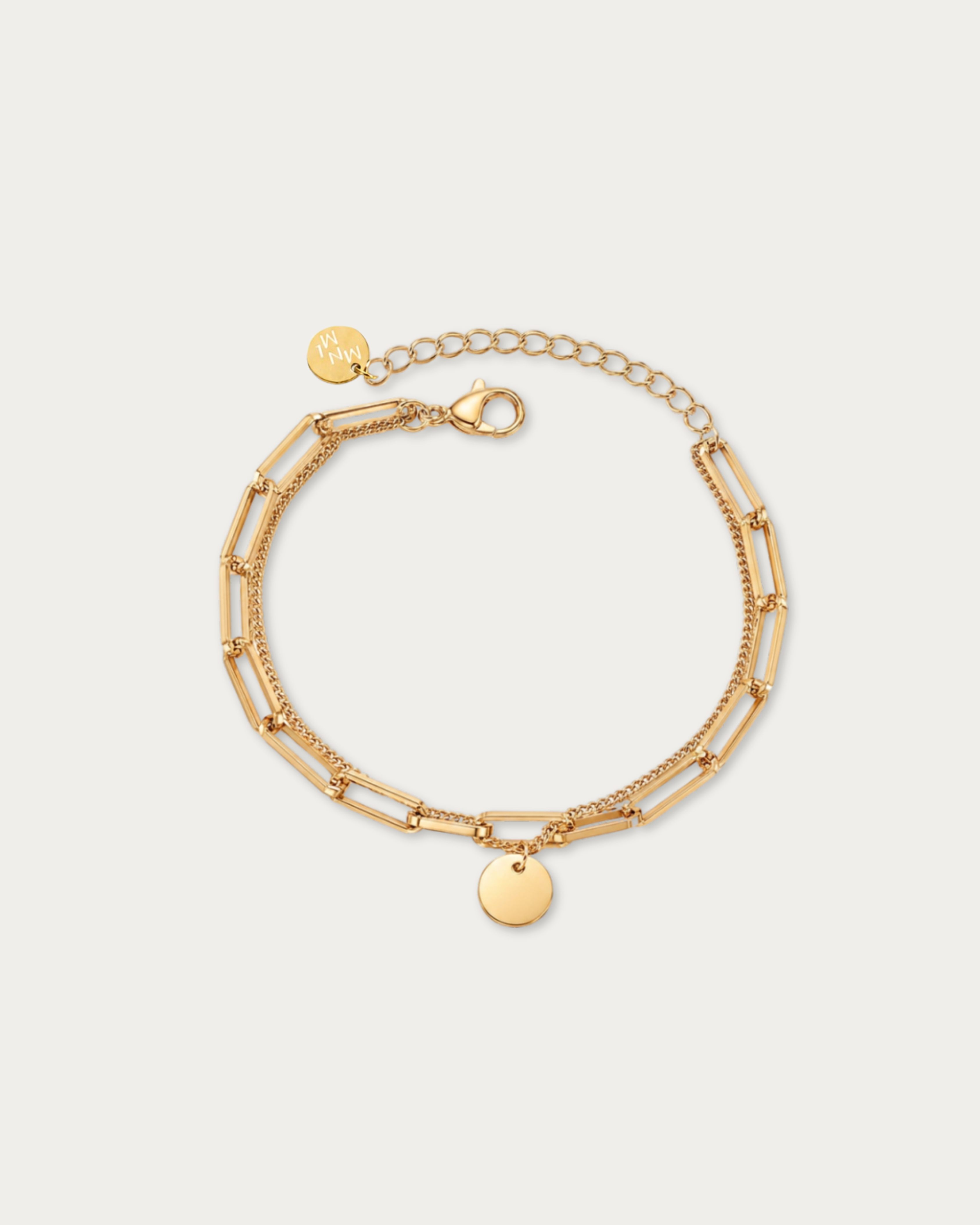 MNML Rory Engravable Charm Layered Paperclip Bracelet in gold — front view, personalised bracelet Malaysia
