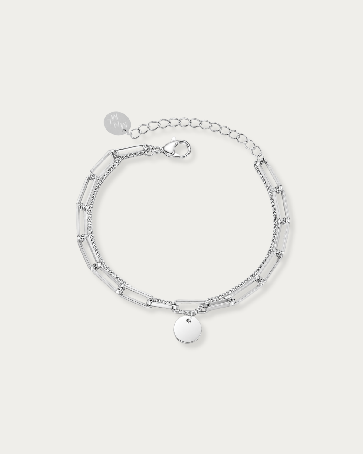 MNML Rory Engravable Charm Layered Paperclip Bracelet in silver — silver layered paperclip bracelet