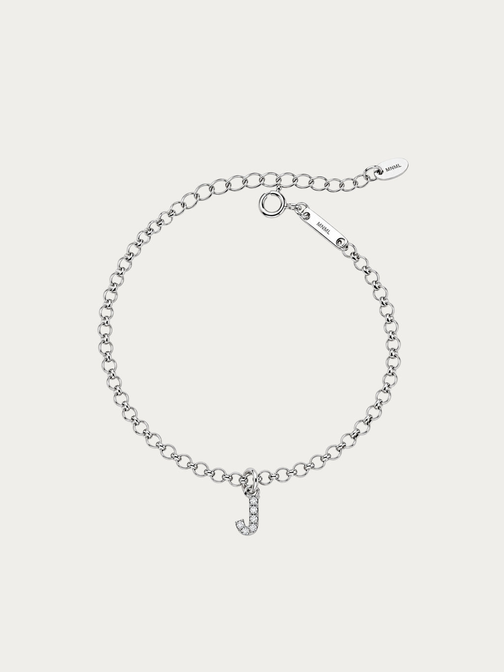 Semi-fine rolo chain bracelet in rhodium-plated 925 sterling silver with initial pendant, front view