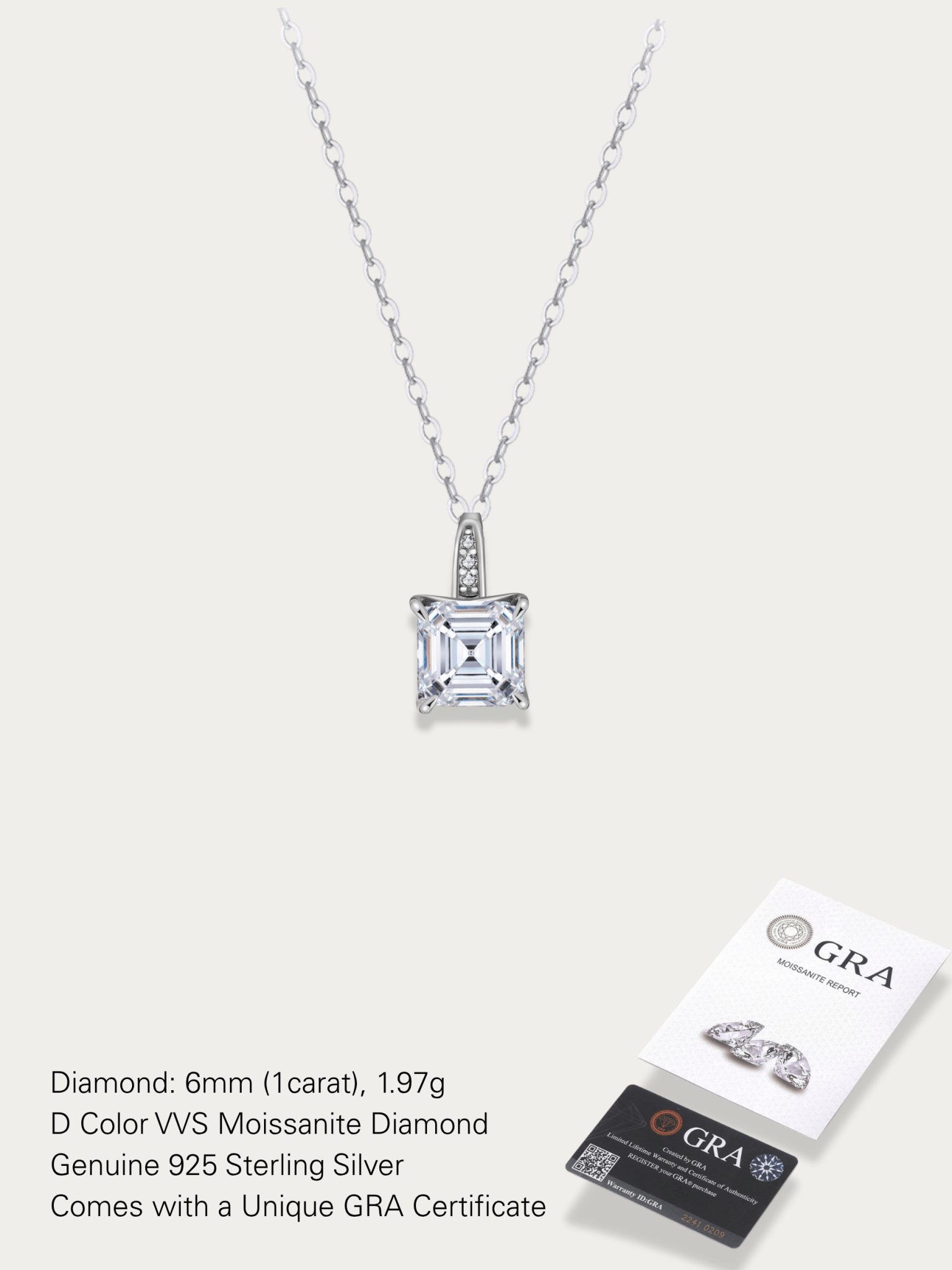 MNML Solenne Moissanite Necklace 1ct Asscher cut in 925 silver — front view, Asscher moissanite necklace Malaysia