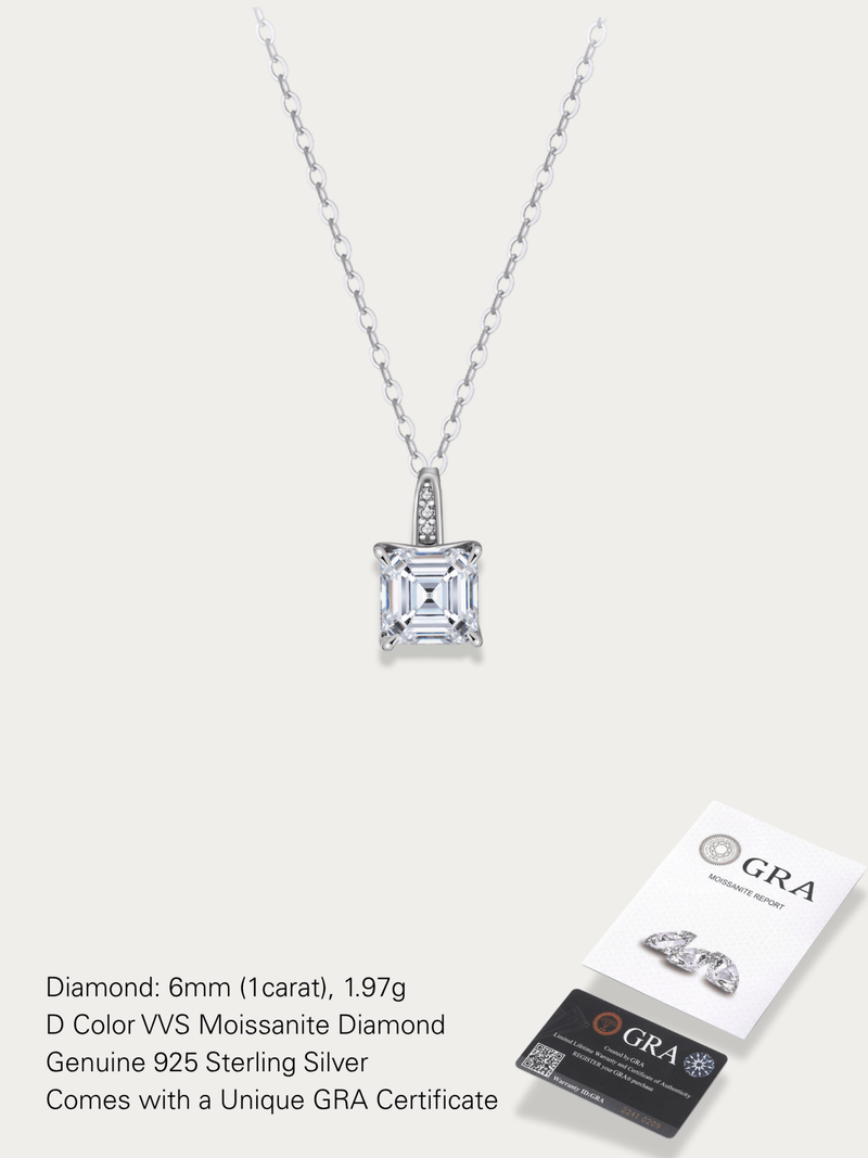 MNML Solenne Moissanite Necklace 1ct Asscher cut in 925 silver — front view, Asscher moissanite necklace Malaysia