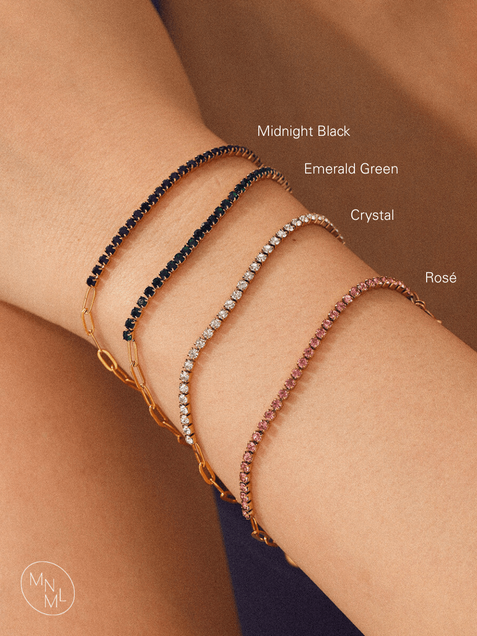 Close-up of CZ stones on MNML Spark Link Bracelet — brilliant cubic zirconia gold bracelet