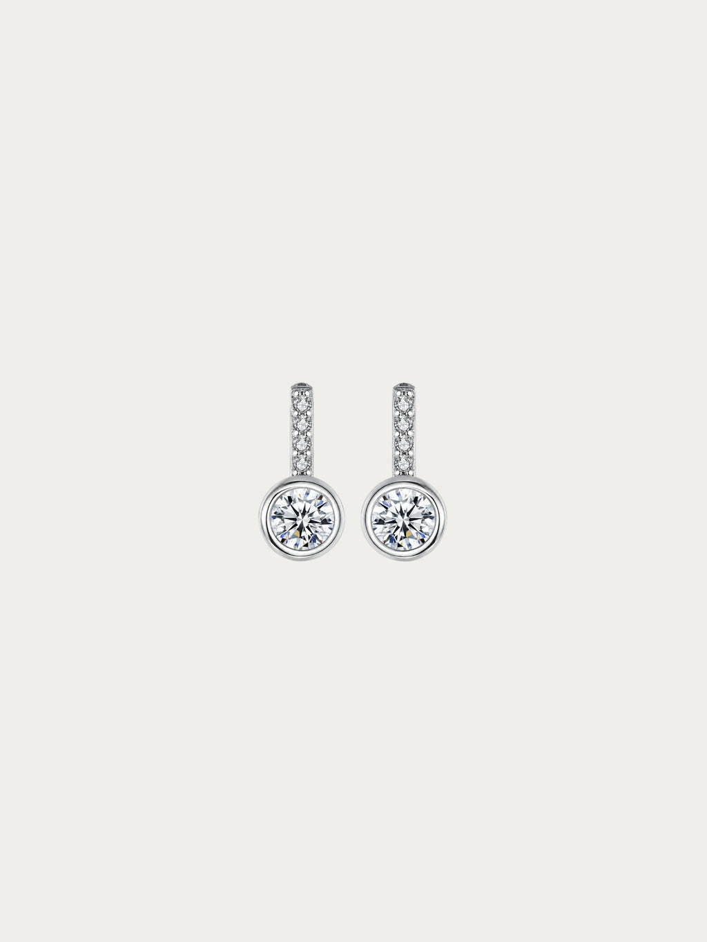 Sunrise solitaire stud earrings with a bezel-set round CZ beneath a pavé bar in rhodium-plated 925 silver, front view