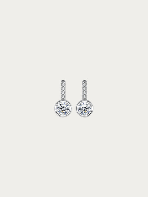 Sunrise solitaire stud earrings with a bezel-set round CZ beneath a pavé bar in rhodium-plated 925 silver, front view