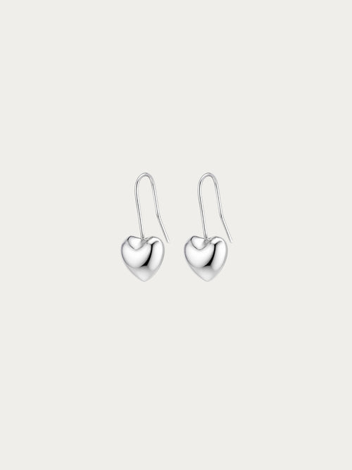 Tender Hearts Hook Earrings with plump high-polish hearts in white gold plated 925 sterling silver, front view
