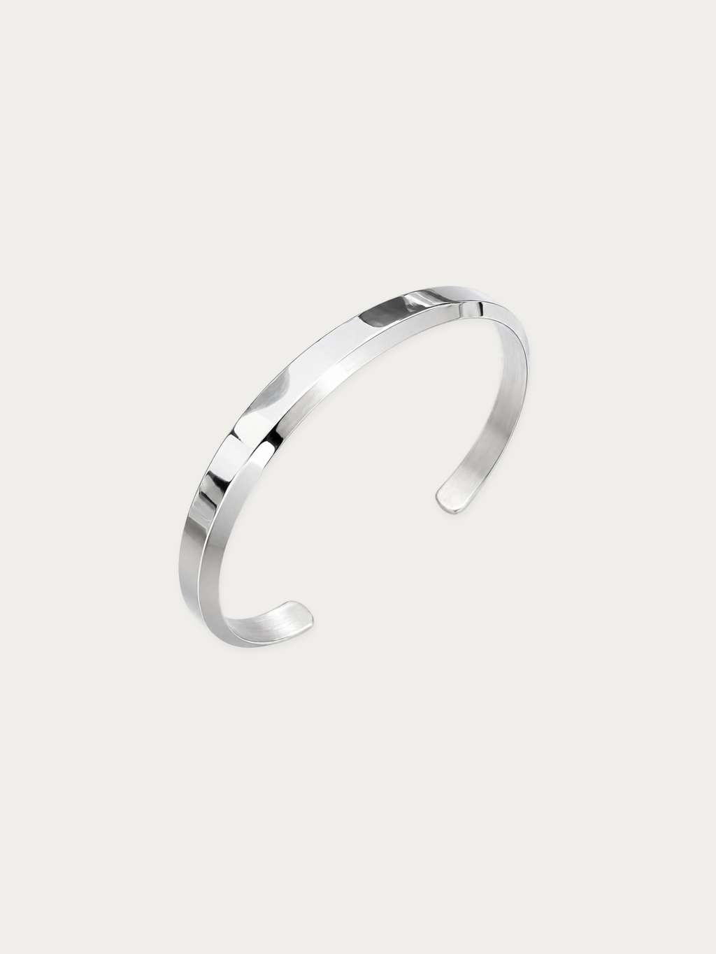 Titus open cuff bangle in polished titanium with bevelled edges, front view