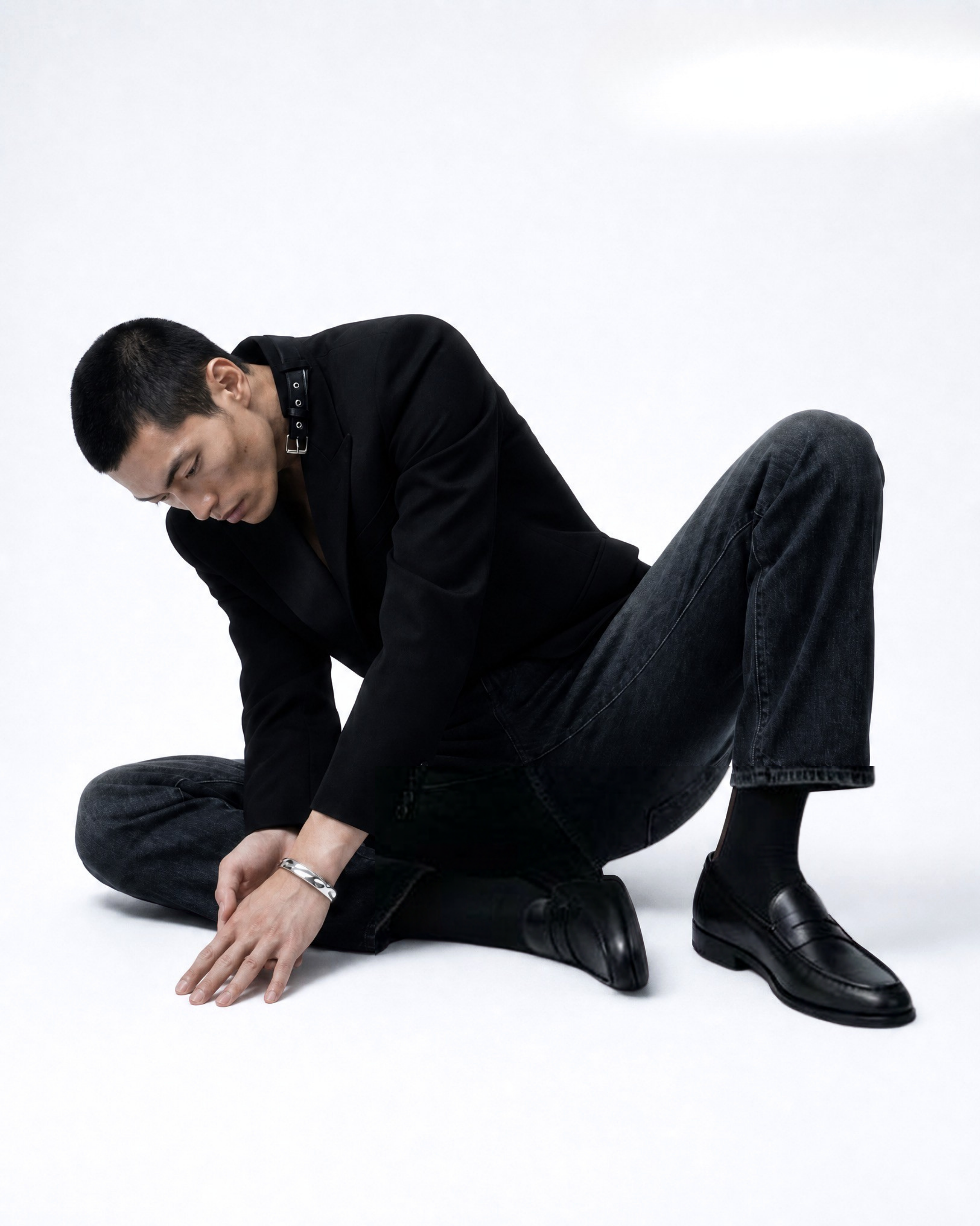 Male model wearing MNML Troy Sculpted Utility Open Bangle — men's cuff bangle Malaysia