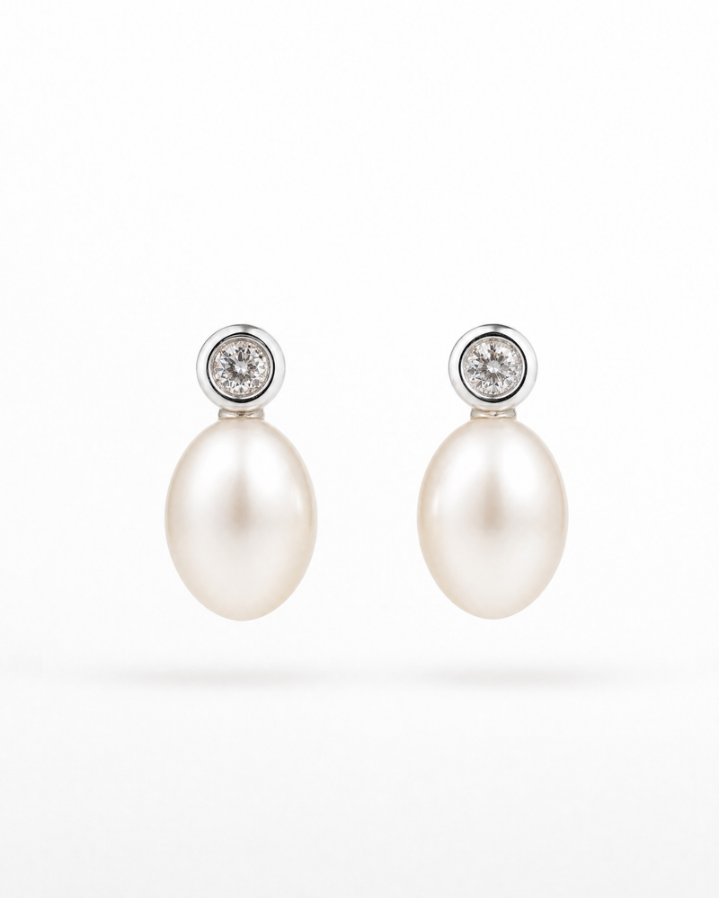 Tsuki Pearl Drop Stud Earrings in 925 sterling silver with bezel-set CZ 