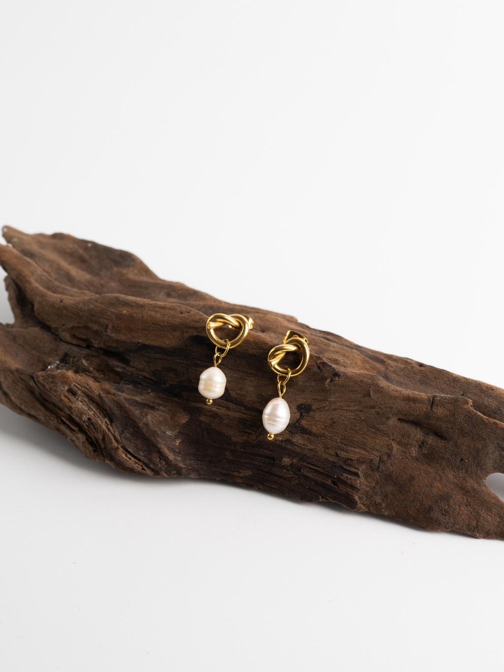 MNML Twist Knot Freshwater Pearl Earrings in titanium gold — gold pearl drop earrings Malaysia