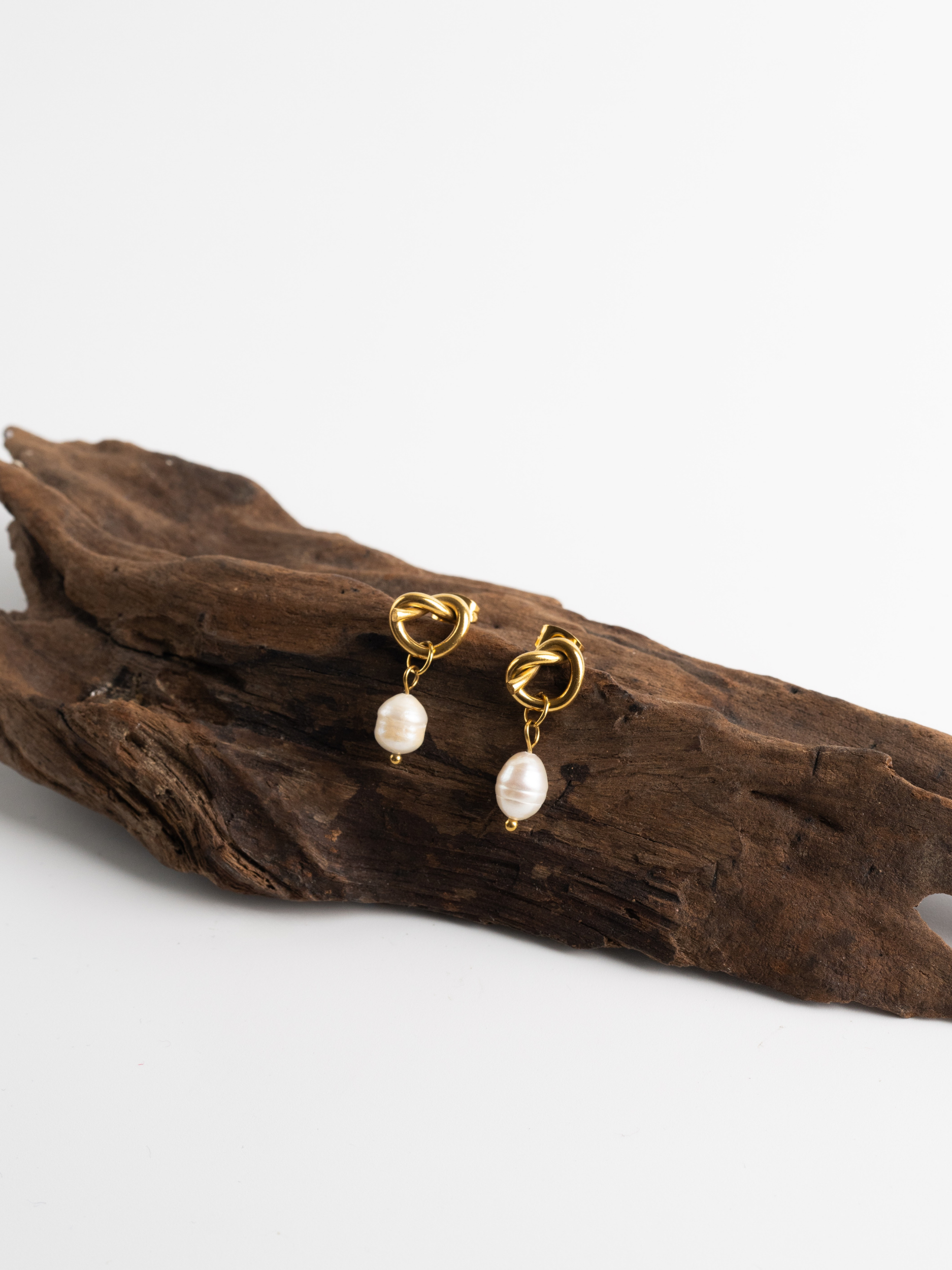 MNML Twist Knot Freshwater Pearl Earrings in titanium gold — gold pearl drop earrings Malaysia