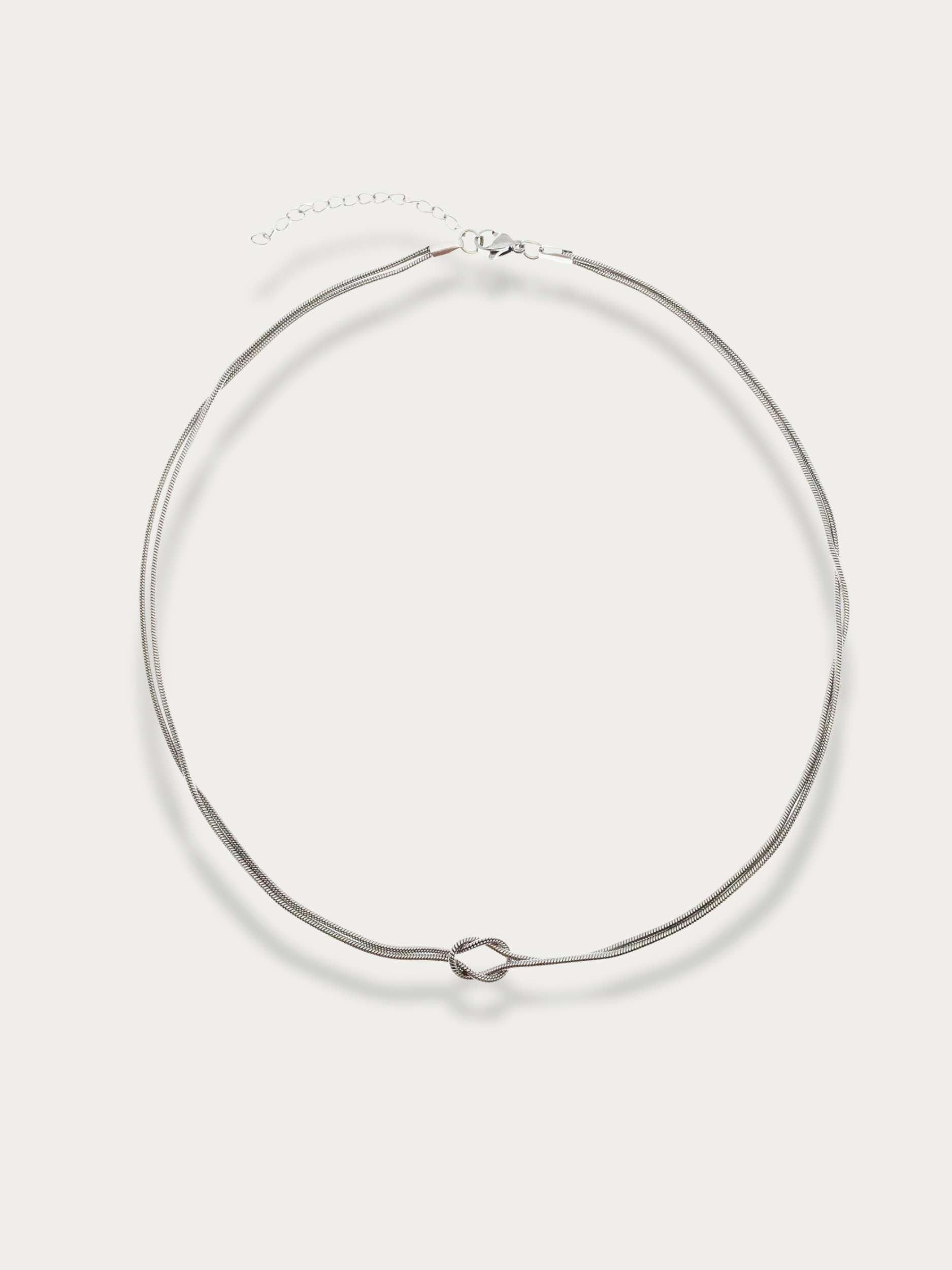 MNML Unity Knotted Snake Chain Necklace in stainless steel silver — front view, knot necklace Malaysia