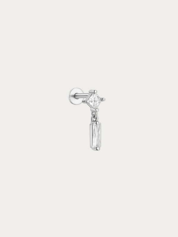 MNML Vera Dangling Long Stone Flatback Stud in 925 silver rhodium with CZ — front view, dangling flatback Malaysia