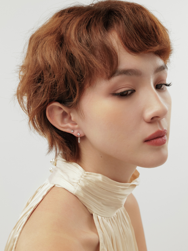 Model wearing MNML Vera Dangling Long Stone Flatback Stud at lobe — drop flatback ear curation Malaysia