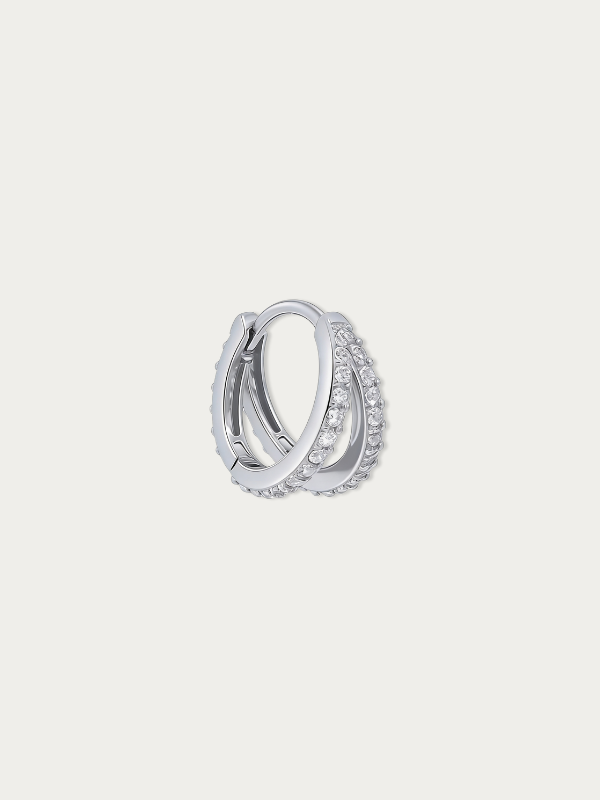 MNML Vivienne Double Line Single Huggie in 925 silver rhodium with CZ — front view, double hoop earring Malaysia