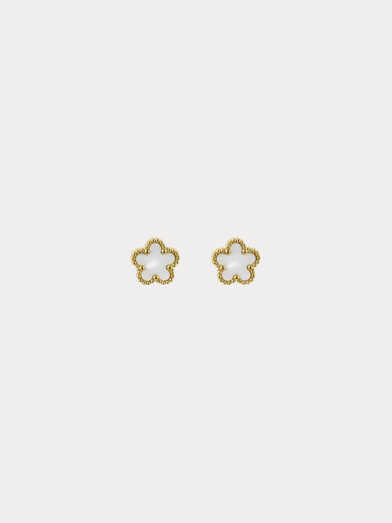 Mother of Pearl Clover Floral Stud Earrings pair in gold titanium, studio hero shot