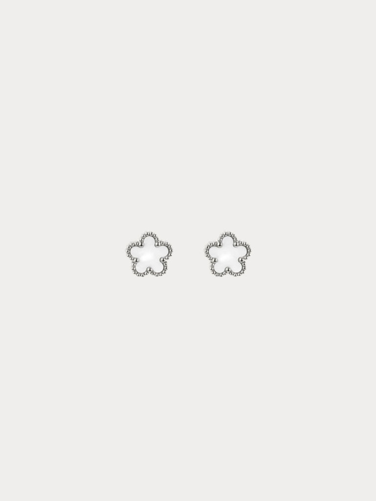 Mother of Pearl Clover Floral Stud Earrings pair in silver titanium, studio hero shot