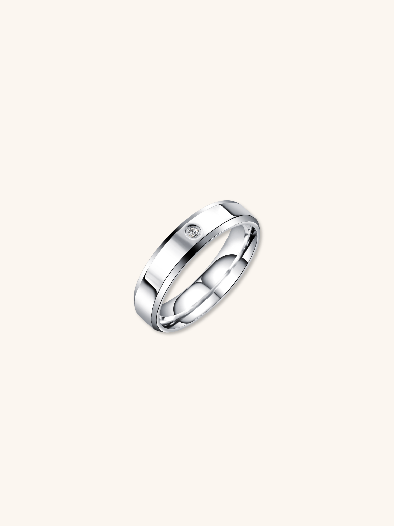 Noa Eternal Diamond Ring silver tone titanium, 5mm polished band with bezel-set CZ stone, product flatlay