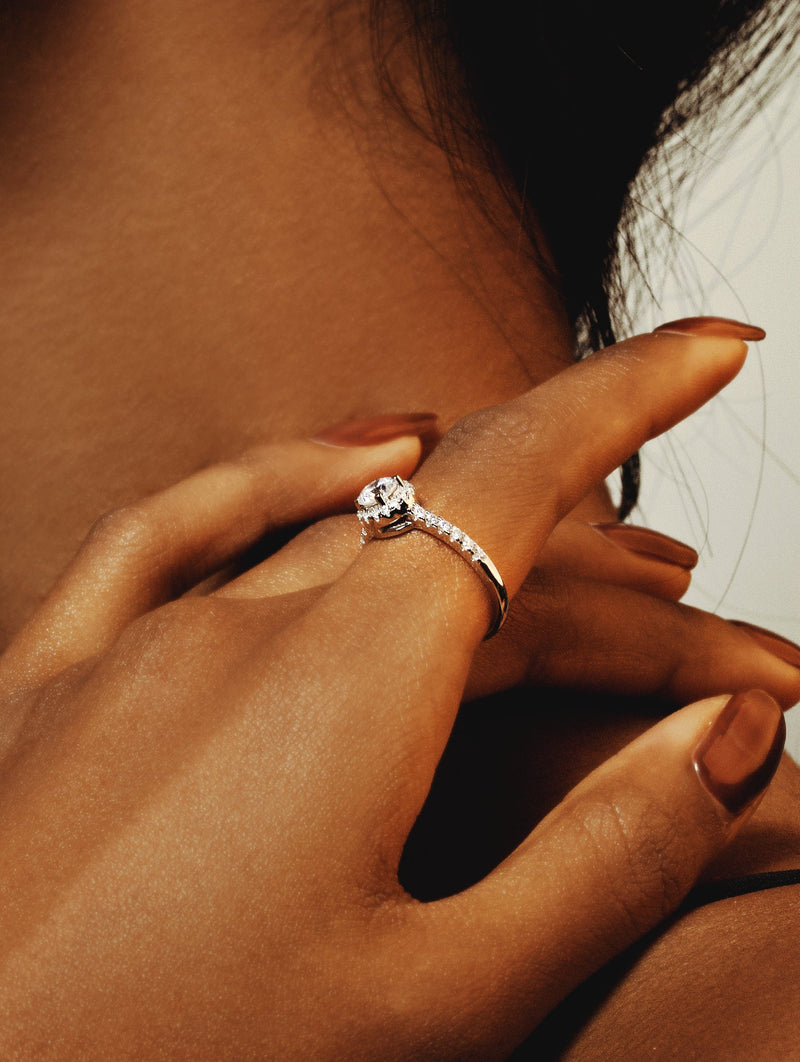 NOELLE Solitaire Diamond Ring lifestyle detail view, 925 sterling silver