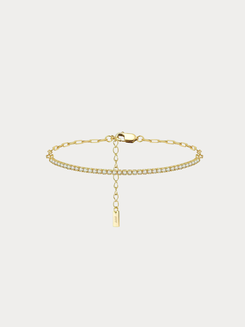 NORA Tennis Paperclip Chain Bracelet in 14K gold-plated 925 silver with cubic zirconia, showing extension chain and clasp detail