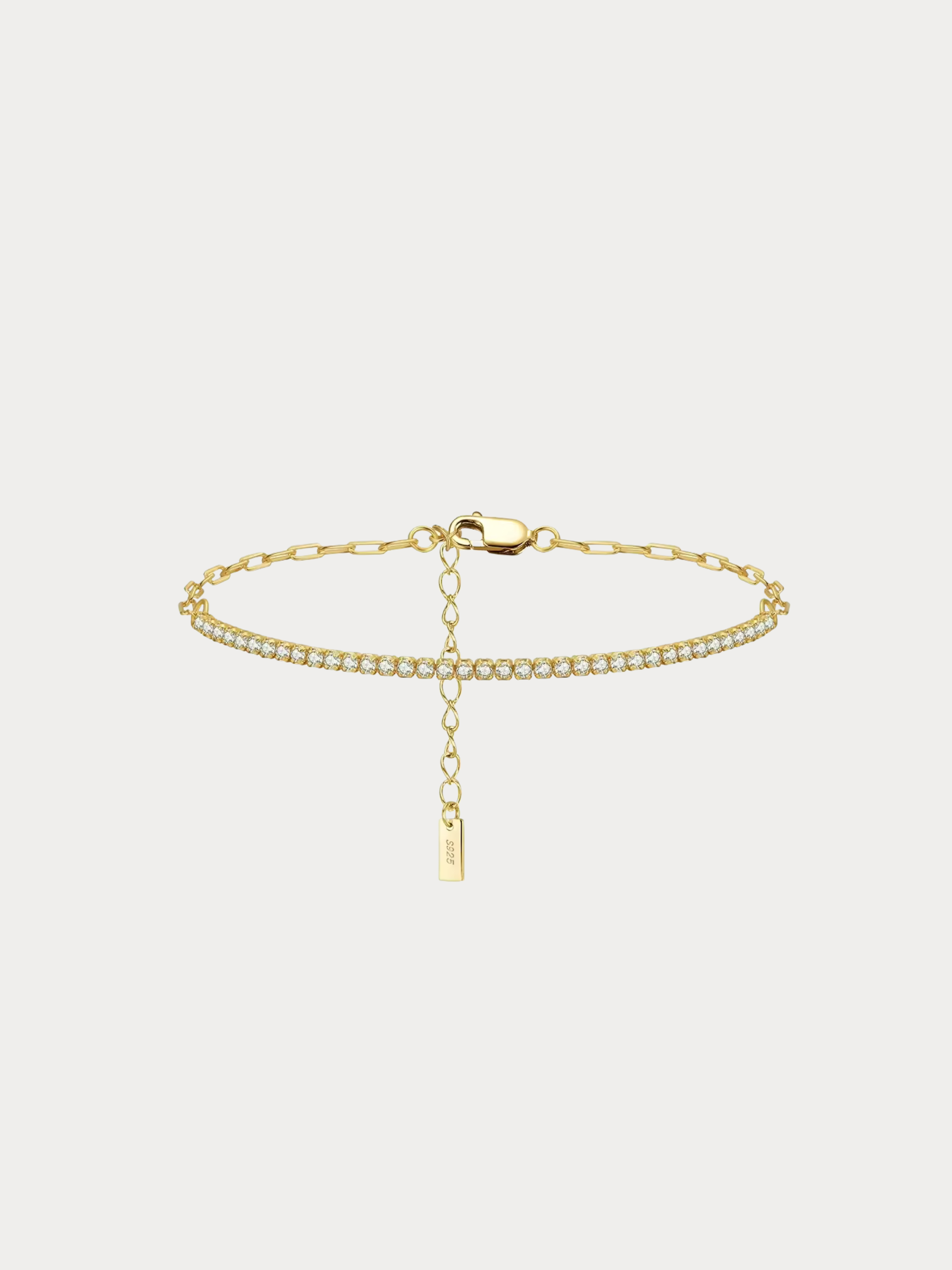 NORA Tennis Paperclip Chain Bracelet in 14K gold-plated 925 silver with cubic zirconia, showing extension chain and clasp detail
