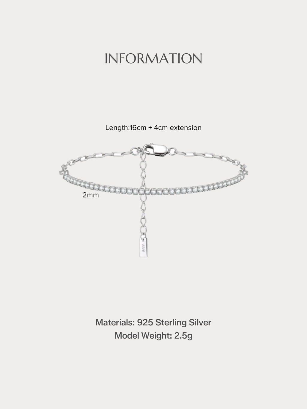 NORA Tennis Paperclip Chain Bracelet in 925 sterling silver with cubic zirconia, showing 16cm length and 2mm width specifications