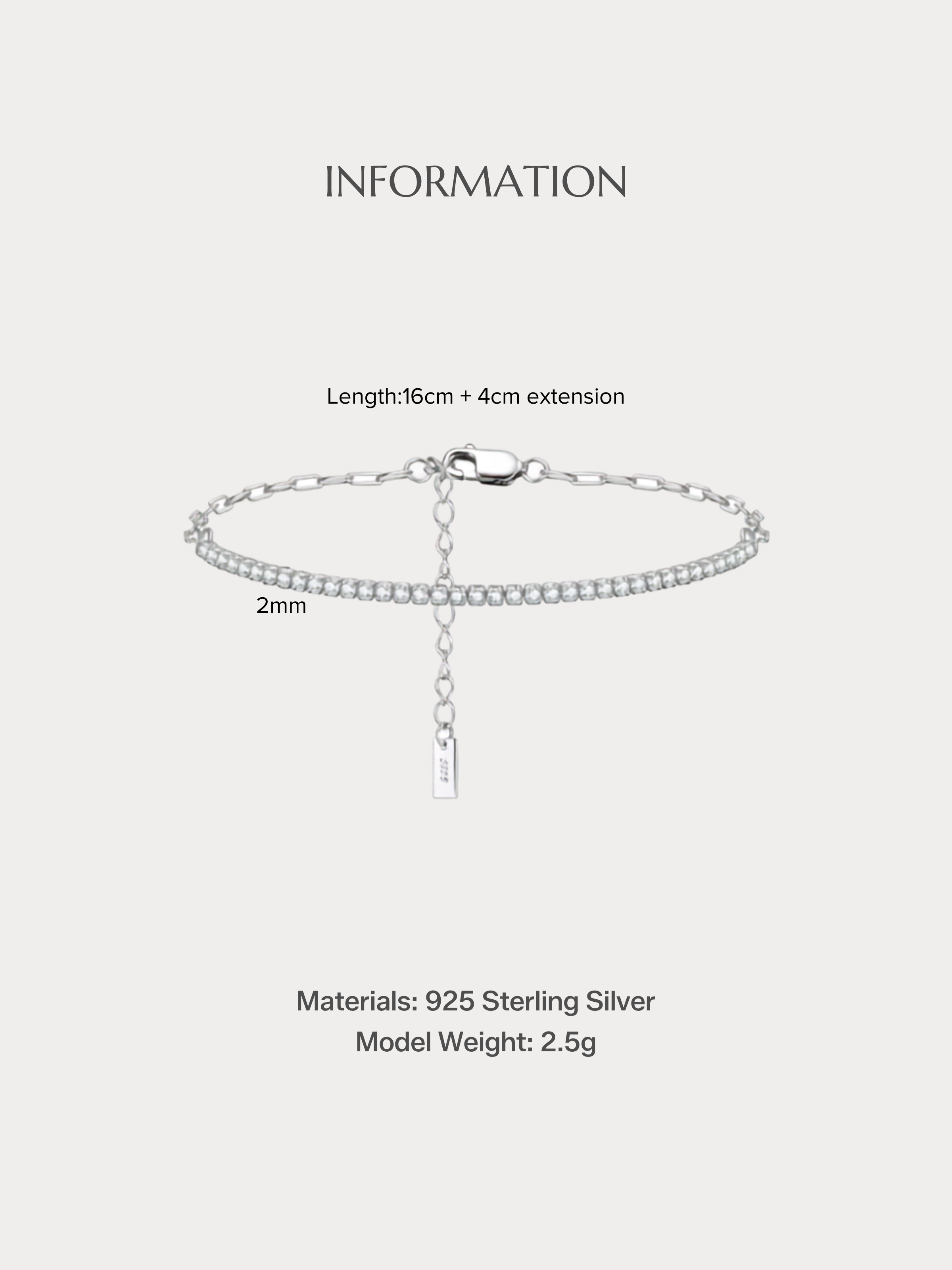 NORA Tennis Paperclip Chain Bracelet in 925 sterling silver with cubic zirconia, showing 16cm length and 2mm width specifications