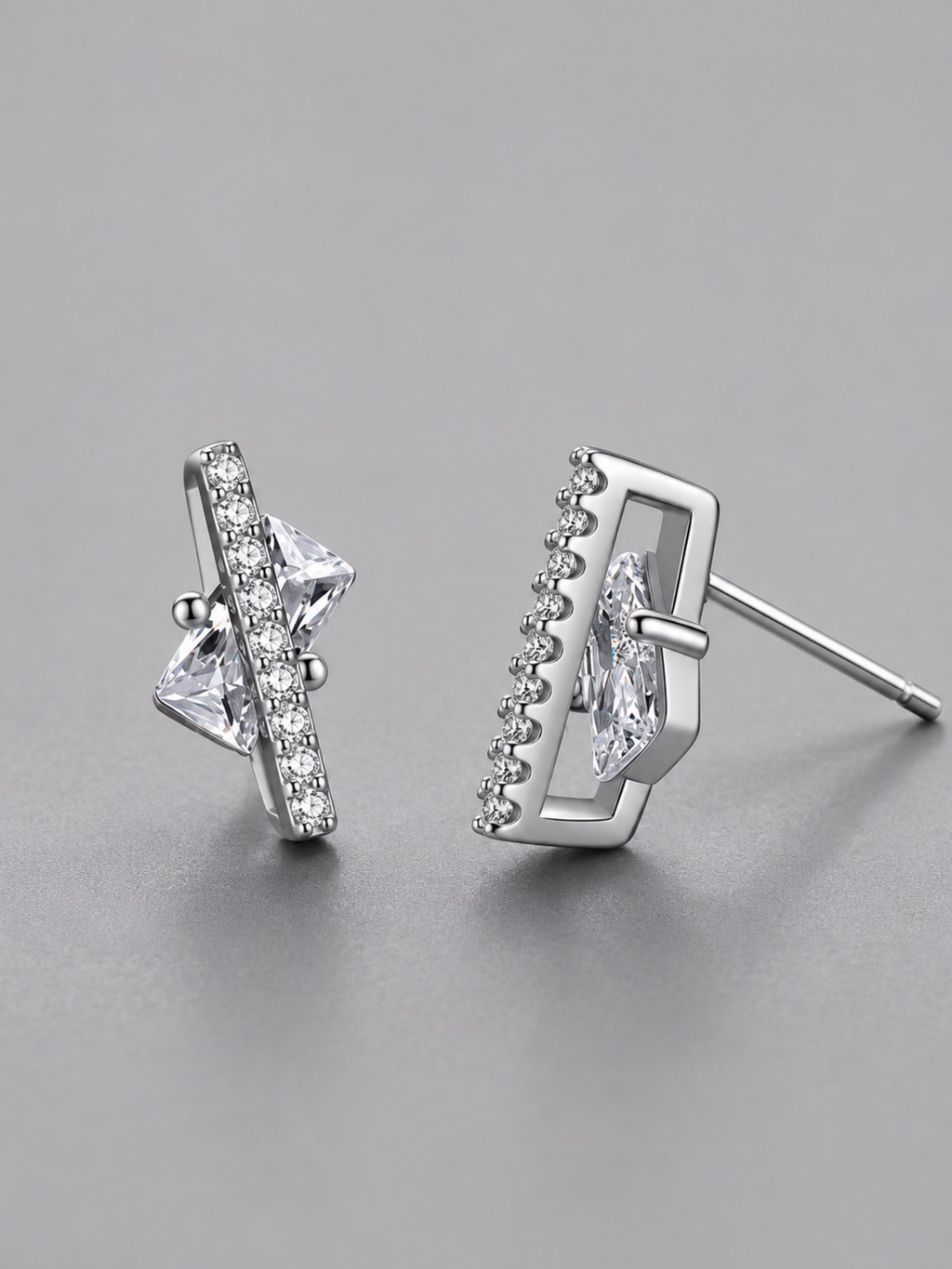 Macro detail of kite-cut cubic zirconia stones on Nova Floating Prism Stud Earrings