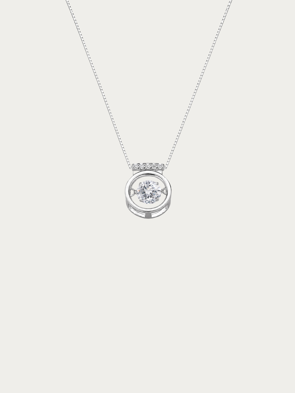 Orianna Heartbeat Dancing Diamond Necklace in 925 sterling silver with floating cubic zirconia stone, studio hero shot