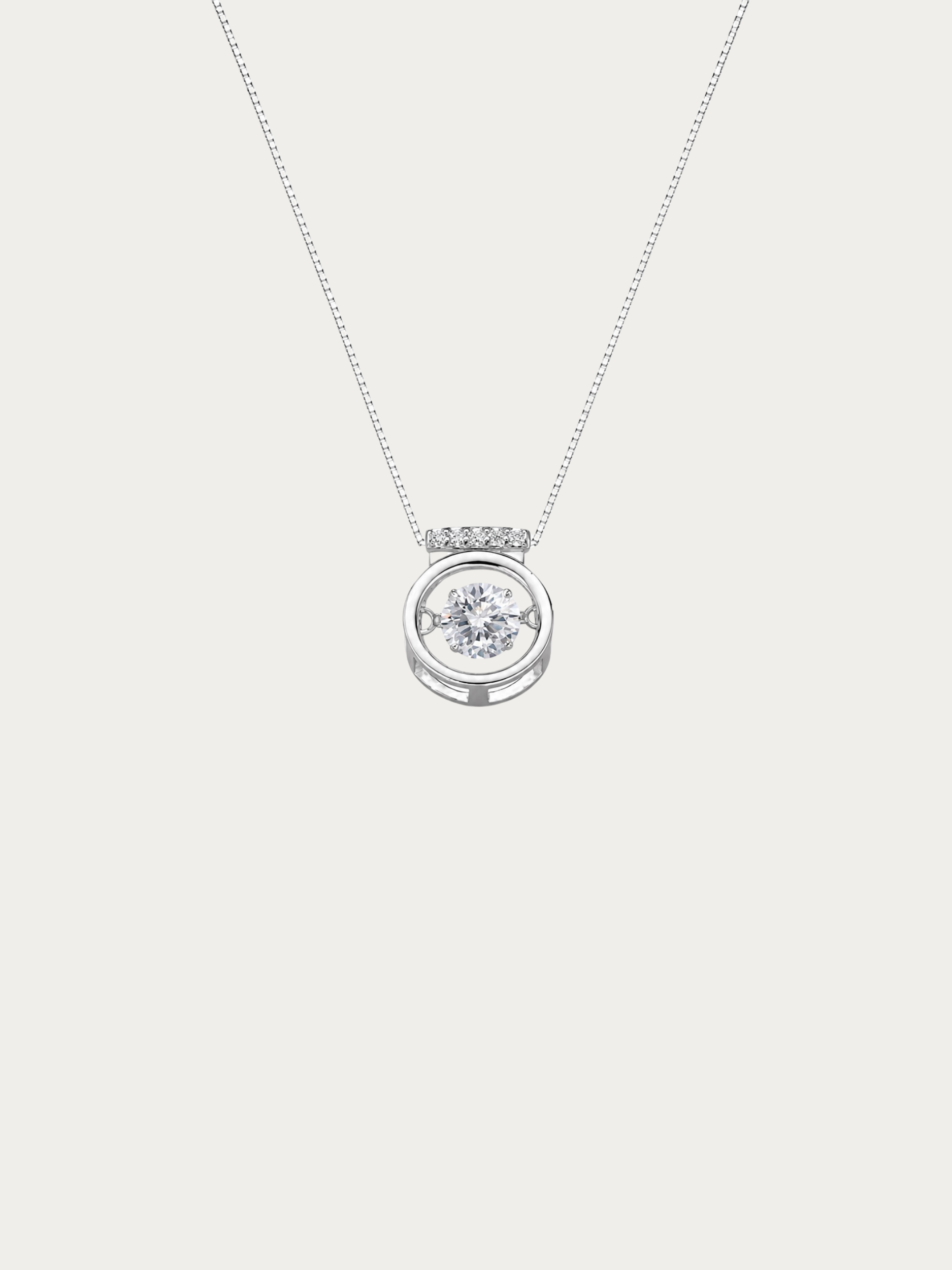 Orianna Heartbeat Dancing Diamond Necklace in 925 sterling silver with floating cubic zirconia stone, studio hero shot