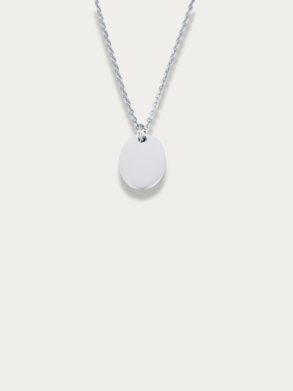 Oval Plate Engravable Necklace silver tone titanium, polished oval pendant on fine cable chain, flatlay