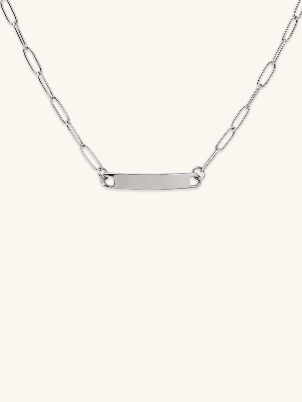 Paperclip Chain Engravable Plate Necklace silver tone stainless steel, wide bar plate on bold paperclip chain, product flatlay
