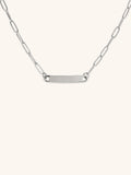 Paperclip Chain Engravable Plate Necklace silver tone stainless steel, wide bar plate on bold paperclip chain, product flatlay