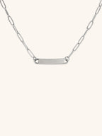 Paperclip Chain Engravable Plate Necklace silver tone stainless steel, wide bar plate on bold paperclip chain, product flatlay